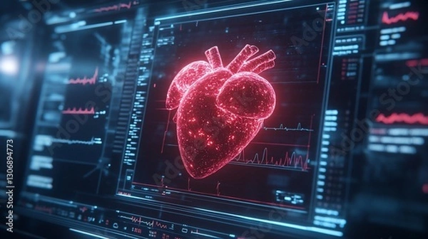 Fototapeta Digital heart on screen, data displayed, used for medical research or presentation