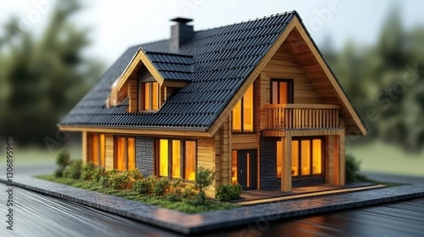 Fototapeta wooden house model with energy efficiency rating in a hand