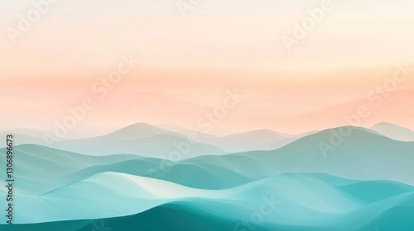 Fototapeta Gentle rolling teal hills beneath a soft orange and white sky