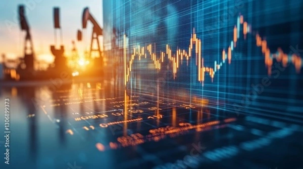 Fototapeta Shimmering oil with a stock market graph at sunset, featuring oil pumpjacks and a candlestick chart, symbolizing energy markets, crude oil trading, and global economic trends.