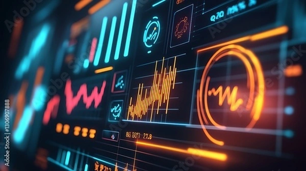 Fototapeta Digital marketing performance report with glowing graphs and icons