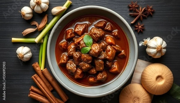 Obraz A delicious Indonesian Padang style beef rendang with fresh spices and herbs, ready to serve. A warm and inviting meal with a rustic feel.
