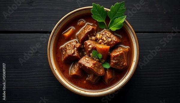Obraz Delicious Indonesian Padang beef rendang in a gray bowl, surrounded by spices such as garlic, cinnamon and star anise. A fragrant and flavorful dish, viewed from top to bottom.