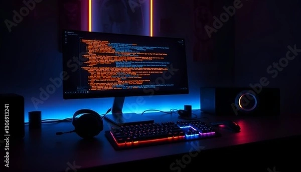 Obraz Neon computer setup with code on the monitor, illuminated PC case, keyboard, and headphones. Modern and tech-focused.
