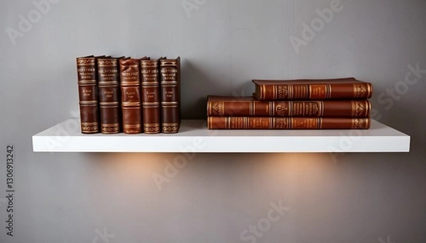 Obraz Antique books with leather spines arranged on a white floating shelf. Grey wall background and subtle lighting. Detailed and vintage