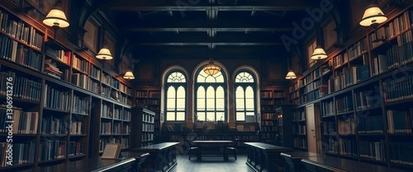 Obraz Old library with rows of books, a large world map, and sunlight casting shadows. Academic and intellectual setting