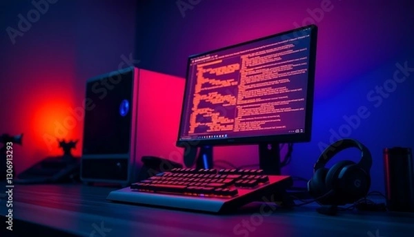 Obraz Simple yet striking image of a neon-lit computer setup. Minimalist composition with a modern tech vibe.
