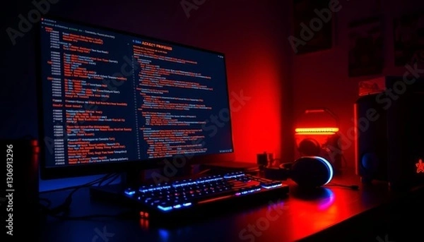 Obraz Neon-lit computer setup with code on the monitor, illuminated PC case, keyboard, and headphones. Modern and tech-focused.