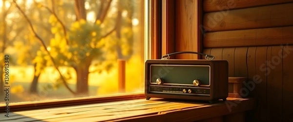Obraz Serene image of a vintage radio by a window at sunset. Nostalgic and peaceful, perfect for retro or home themes