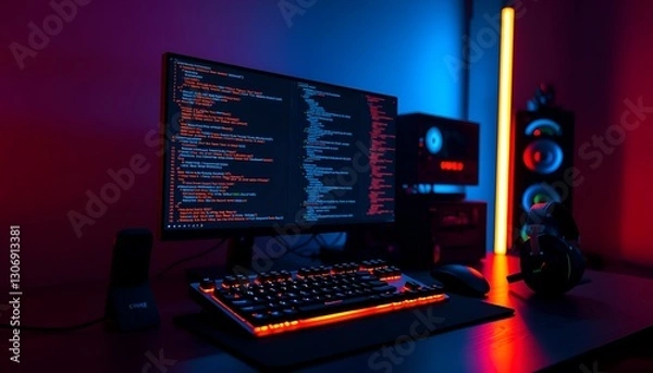 Obraz Dark room with a glowing computer, code on the monitor. Modern and stylish tech setup with vibrant neon lights.