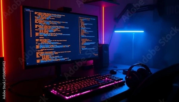 Obraz Neon-lit computer setup with code on screen. Gaming or programming theme, perfect for tech or modern interiors.