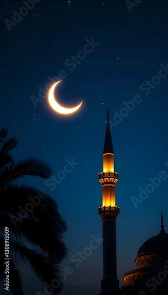 Obraz Beautiful night scene with a crescent moon and mosque tower. Serene atmosphere, perfect for religious or cultural themes.