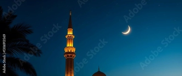Obraz Illuminated minaret against a dark blue night sky, featuring a crescent moon and faint stars. Silhouette of palm leaves in the foreground.