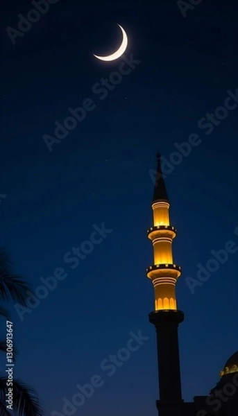 Obraz Nighttime scene with a lit minaret and crescent moon. Dark silhouette of palm leaves in the foreground. Peaceful and serene.