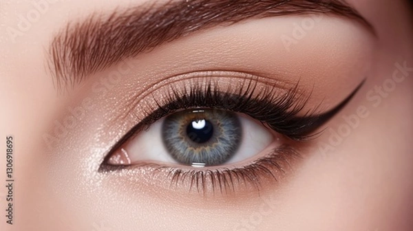 Fototapeta Intricate makeup details enhance the eye’s beauty, with voluminous lashes and sharp eyeliner creating a captivating, high-fashion look.
