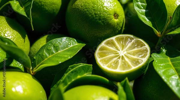 Fototapeta close-up of fresh limes and lime tree leaves, with water droplets and splashes of crystal-clear water. One lime is cut in half, revealing its juicy, vibrant interior.
