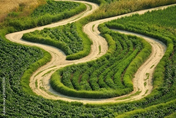 Fototapeta Intricate Irrigation System Winding Through Lush Crop Rows in a Rural Farmland Setting During the Summer Season