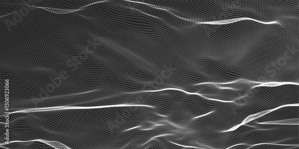 Fototapeta Futuristic black and white dot wave. Abstract digital particle wave. Technological background. Dark background. Digital background with smooth wavy curves. 3D rendering