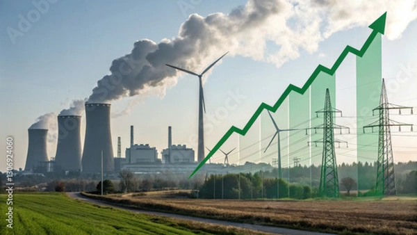 Fototapeta image depicts landscape with power plants emitting smoke, wind turbines, and rising graph symbolizing energy trends. This visual representation highlights contrast between traditional and
