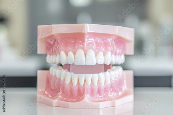 Fototapeta detailed dental model showcases realistic teeth and gums, symbolizing advanced dental education and care. This model is essential for understanding oral health and hygiene practices