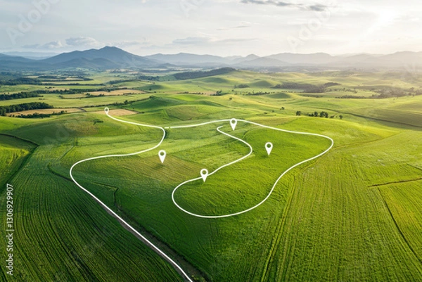 Fototapeta Aerial view of green farmland with zoning markers indicating property boundaries. landscape features rolling hills and serene atmosphere, perfect for development or agriculture