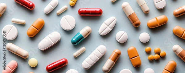 Fototapeta array of multicolored pharmaceutical pills and capsules scattered on surface, showcasing various shapes and sizes, representing health and wellness