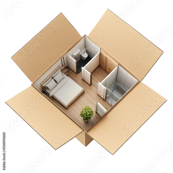 Fototapeta  modern apartment in an open cardboard box. The box is isolated on background. PNG. moving, delivery, relocation concept
