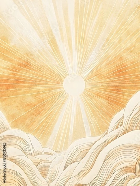 Fototapeta dynamic boho-style illustration featuring a radiant sunburst with flowing wave-like energy lines. 