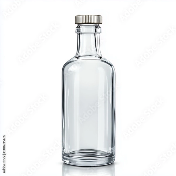 Obraz Small transparent glass bottle with minimalist style and realistic reflections isolated on white background