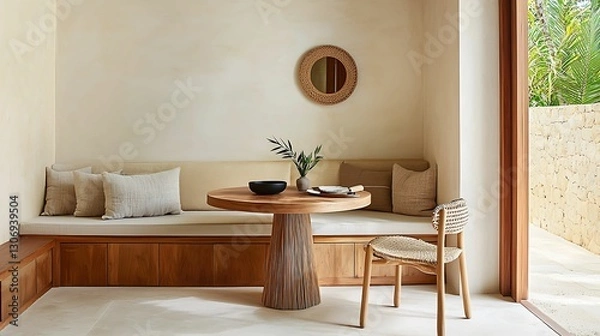 Fototapeta minimalist interior bamboo furniture, texture. A cozy, minimalist dining area featuring a wooden table, natural decor, and a warm, inviting ambiance.