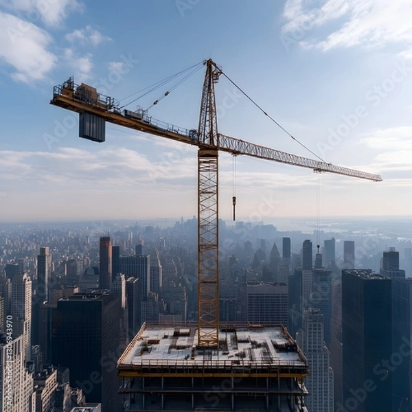 Fototapeta Cityscape construction crane lifting materials, aerial view