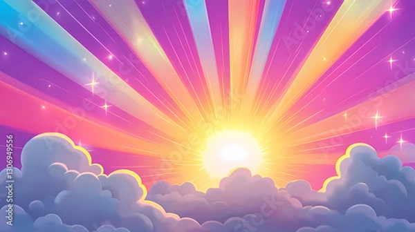 Fototapeta Sun Rising from the Clouds with Colorful Light Stripes