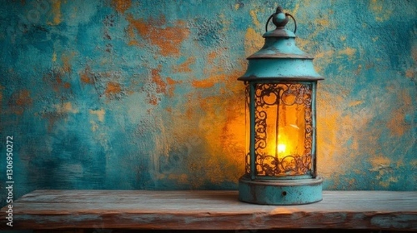 Fototapeta Vintage Lantern with Soft Glow and Decorative Wooden Vessel for Cozy Home Decor