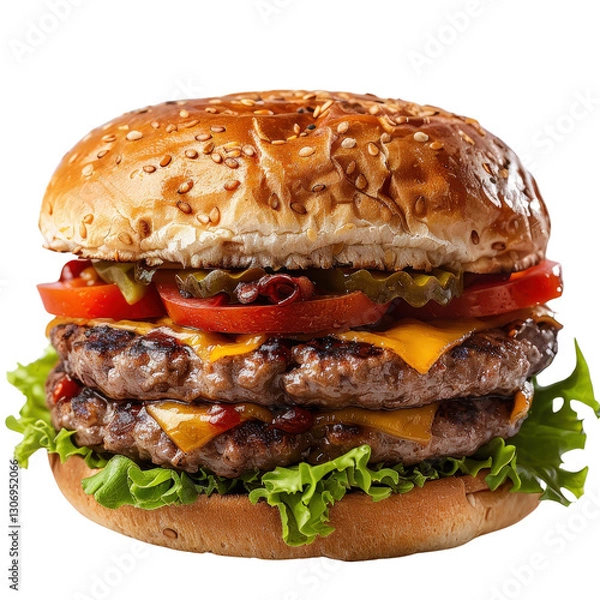 Fototapeta Juicy Double Cheeseburger Loaded with Fresh Vegetables and Tasty Toppings on a Toasted Sesame Seed Bun