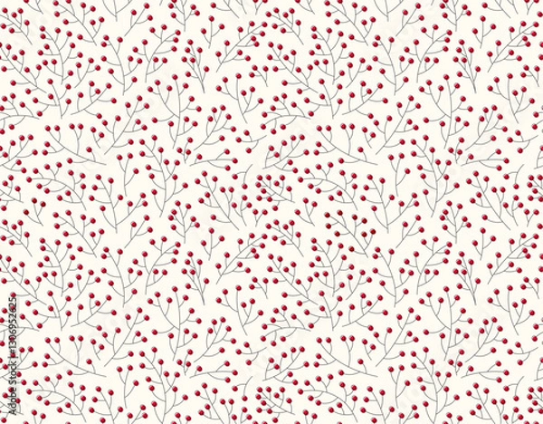 Obraz Vector delicate seamless pattern with abstract twigs and red berries on white background. Minimalist design. Textiles and graphics. White background.