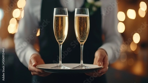 Obraz Elegant Waiter Serving Champagne Flutes on a Plate Against a Softly Lit Background During a Celebration