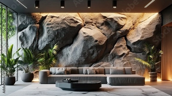 Fototapeta Living room with large rough stone wall, creating a natural and mysterious atmosphere. Design with unique elements of nature..