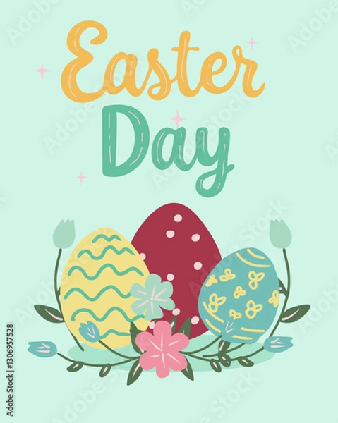Fototapeta Vector illustration of decorative spring flowers and easter eggs and Happy Easter Day typography lettering for your design, banner, greeting card.