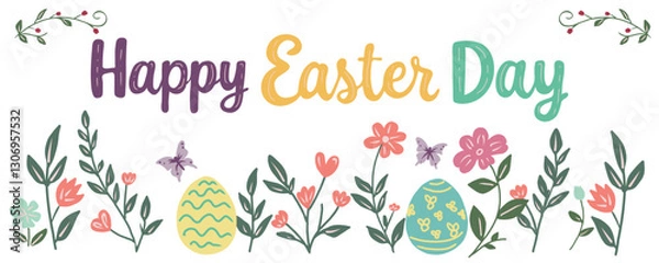 Fototapeta Vector illustration of decorative spring flowers and easter eggs and Happy Easter Day typography lettering for your design, banner, greeting card.
