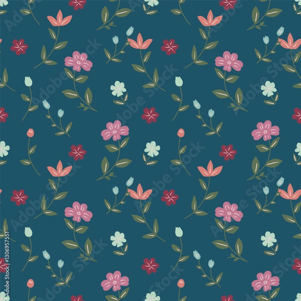 Fototapeta Ditsy floral seamless pattern with spring meadow flowers on deep blue background.