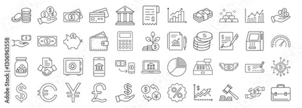 Obraz Finance line icon set. Vector pictograms of money, wallet, banking tools, currency symbols, investment chart, financial services, piggy bank, dollar thin linear illustration.
