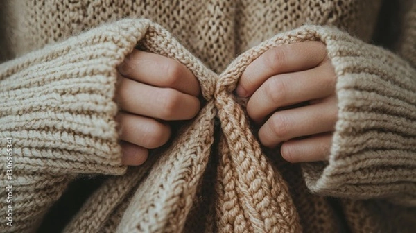 Fototapeta Pair of hands holding a beige knitted scarf. the hands are positioned in a way that they are holding the scarf with both hands.