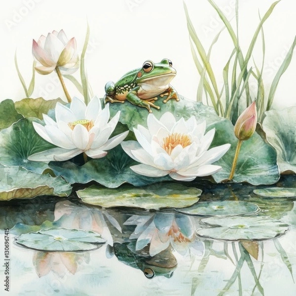 Fototapeta Green Frog Resting on Lily Pad Surrounded by Water Lilies