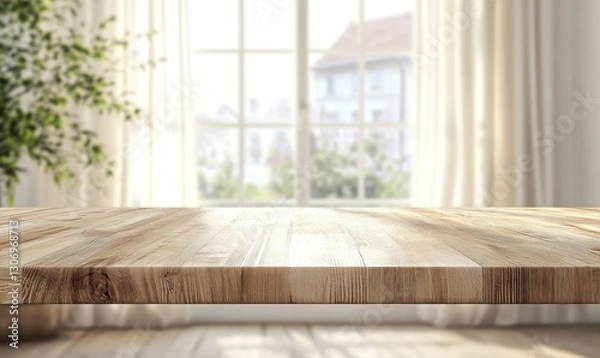 Fototapeta Wooden Tabletop with Bright Window View Backdrop for Product Showcase