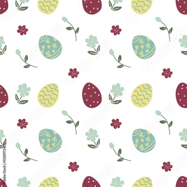 Fototapeta Cute Easter seamless pattern with easter eggs and spring meadow flowers.