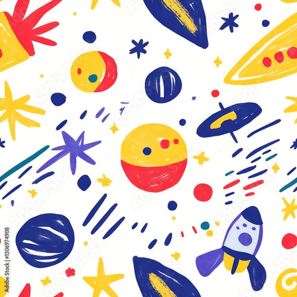 Obraz Colorful hand-drawn pattern with playful planets and rockets Repeating Pattern Tile Repeating Pattern Tile
