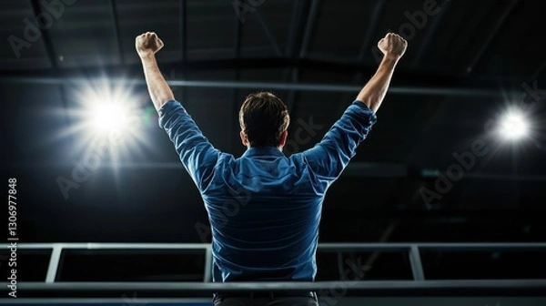 Fototapeta A man celebrating with raised arms in bright indoor setting, expressing joy and triumph. atmosphere is energetic and uplifting