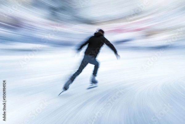 Fototapeta Dynamic Motion of a Skater Gliding on Ice in a Blurred Winter Landscape