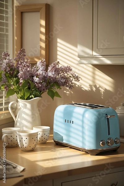 Obraz Morning comfort: delicate lilac, aromatic coffee and a retro toaster. generative AI