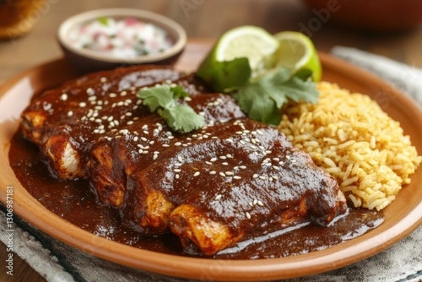 Obraz Rich, dark brown gravy envelops succulent meat speckled with sesame seeds on a rustic brown plate, capturing an inviting close-up feast